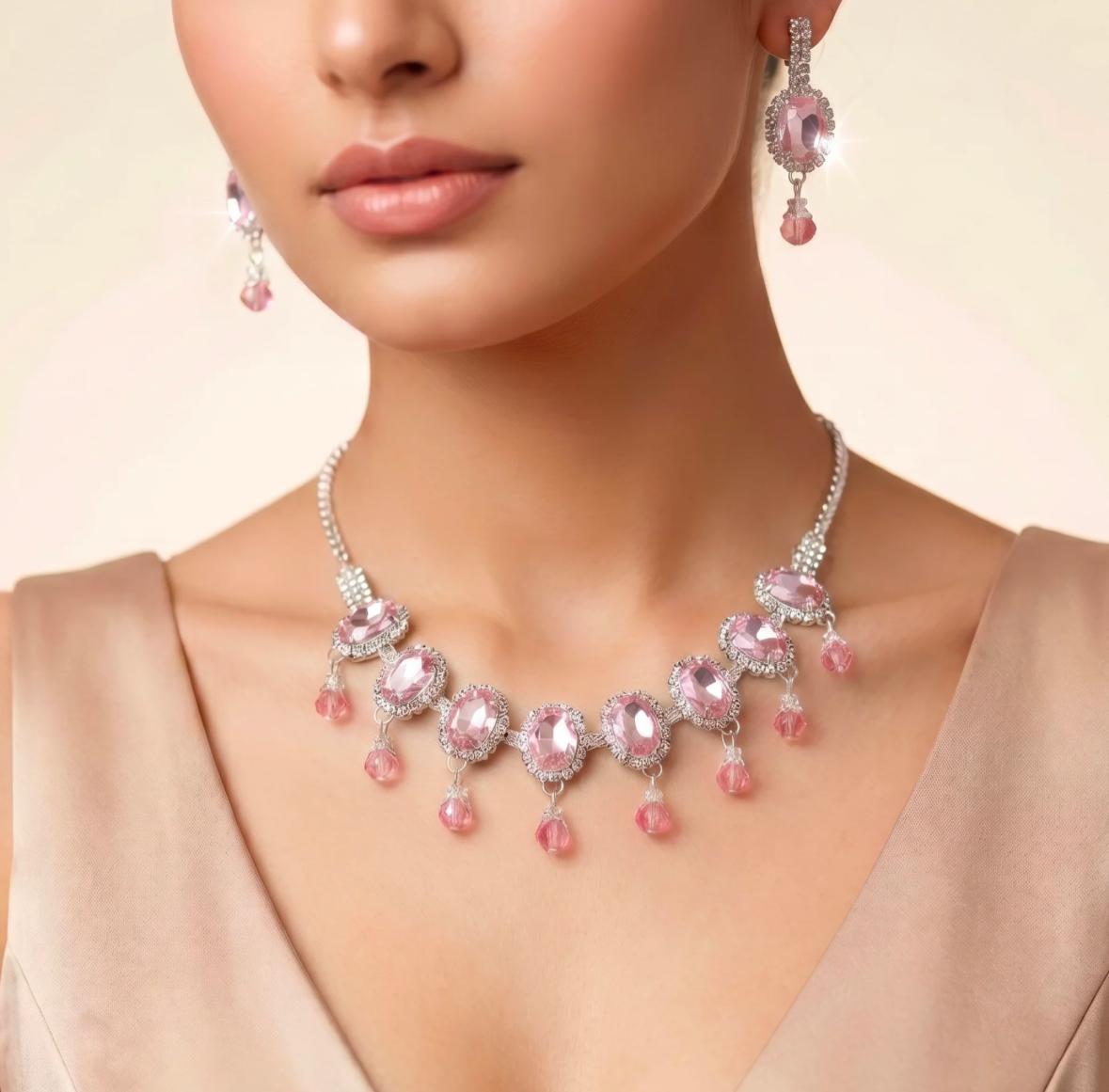 Baby pink stone necklace set with earings