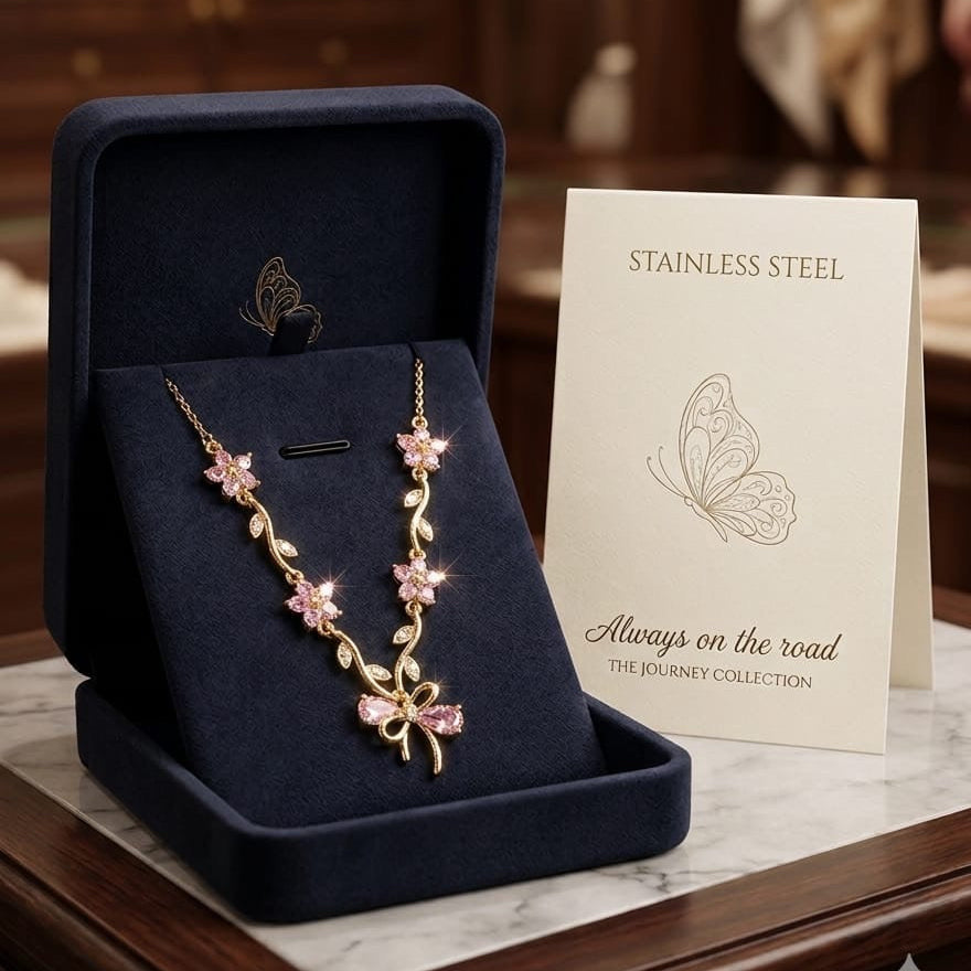 Pink bow necklace antitarnish