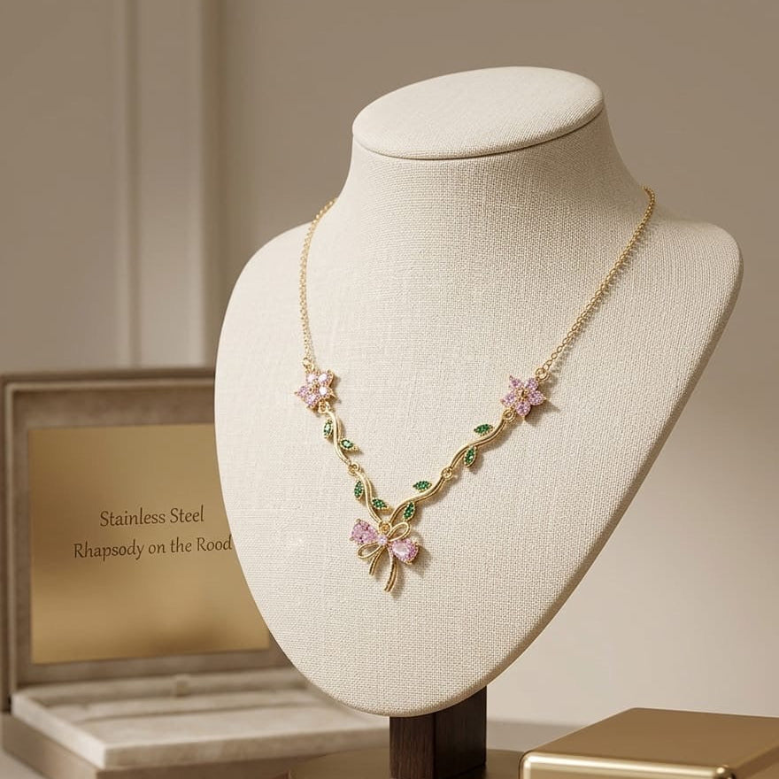 Pink bow necklace antitarnish